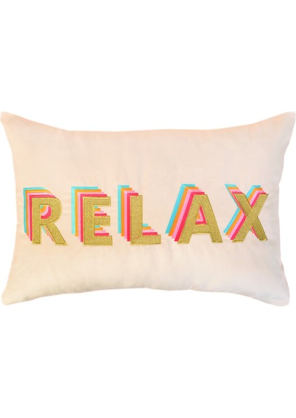 Relax Desenli Krem Kadife Dekoratif Kırlent Kılıfı ( 35 cm x 50 cm )
