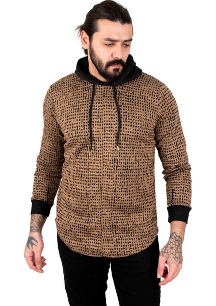 Piksel Detaylı Kolları Ribanalı Eteği Oval Kesim Kapüşonlu Erkek Sweatshirt 2303084