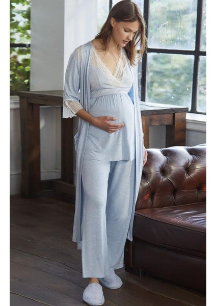9603 Mavi Yeni Sezon Hamile Lohusa 3lü Pijama Sabahlık Takım fiyatları