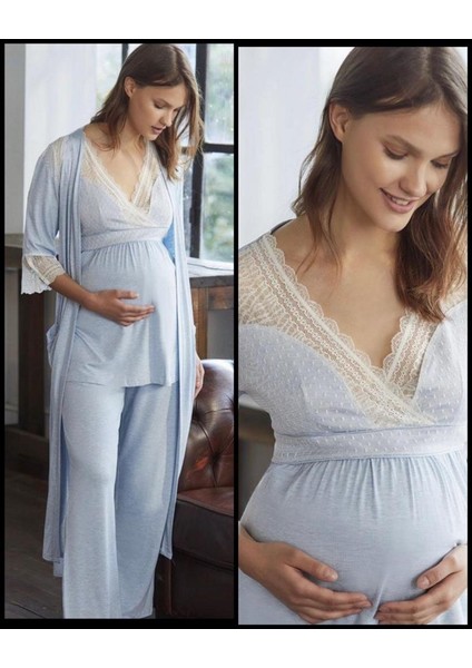 9603 Mavi Yeni Sezon Hamile Lohusa 3lü Pijama Sabahlık Takım indirimleri