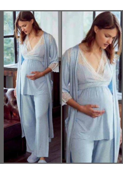 9603  Mavi Yeni Sezon Hamile Lohusa 3lü Pijama Sabahlık Takım