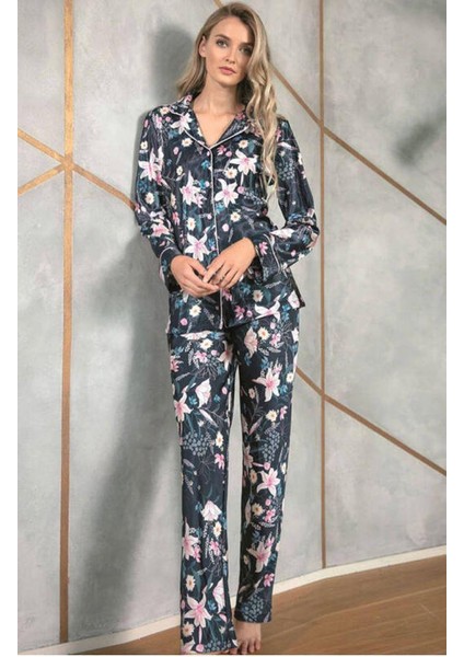 9723 Floral Desenli Saten Önden Düğmeli Pijama Tk fiyatları