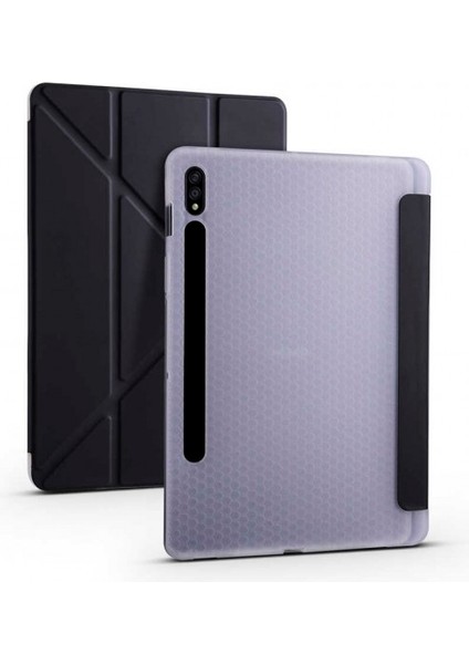 Samsung Galaxy Tab S7+Plus 12.4 Inç T970-T975-T977 Smart Cover Kalem Yuvalı Standlı Yumuşak Silikon Arkası Şeffaf Renkli, Tablet Kılıfı