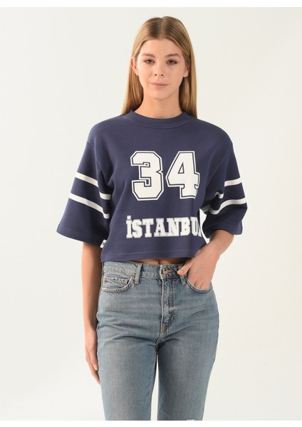Bisiklet Yaka Baskılı Lacivert Kadın Sweatshirt DT10055-1 Lacivert
