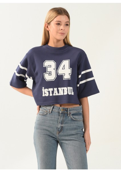 Bisiklet Yaka Baskılı Lacivert Kadın Sweatshirt DT10055-1 Lacivert fırsatları