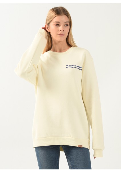 Bisiklet Yaka Nakışlı Ekru Kadın Sweatshirt DT10063-5 Ekru