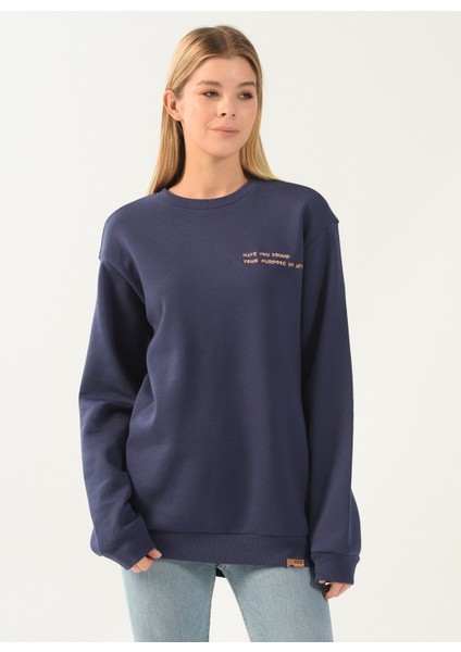 Denim Trip Bisiklet Yaka Nakışlı Lacivert Kadın Sweatshirt DT10063-1 Lacivert