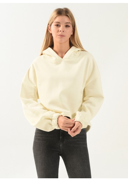 Kapüşon Yaka Düz Ekru Kadın Sweatshirt DT10113-1 Ekru