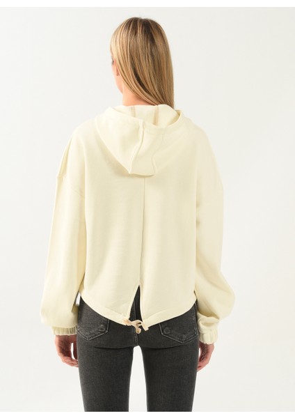 Kapüşon Yaka Düz Ekru Kadın Sweatshirt DT10113-1 Ekru