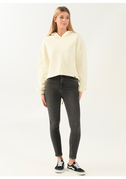 Kapüşon Yaka Düz Ekru Kadın Sweatshirt DT10113-1 Ekru