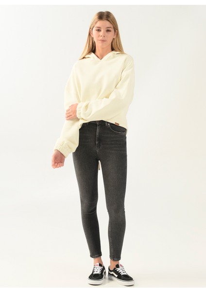 Kapüşon Yaka Düz Ekru Kadın Sweatshirt DT10113-1 Ekru