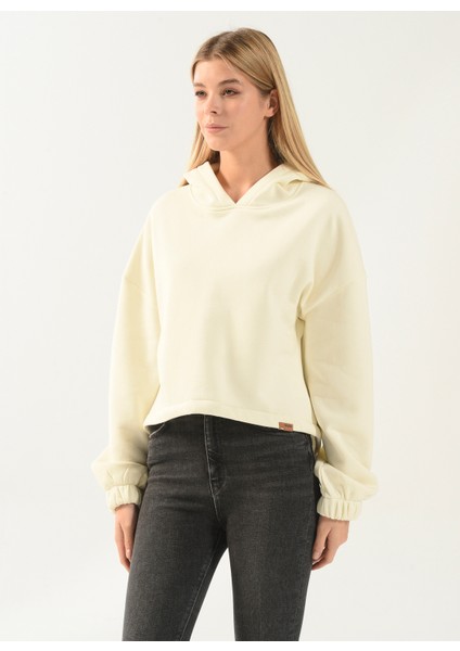Kapüşon Yaka Düz Ekru Kadın Sweatshirt DT10113-1 Ekru