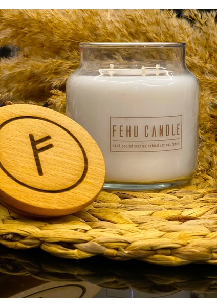 Fehu Candle Kakao & Portakal kokulu El yapımı Yuvarlak Cam içerisinde 3 fitilli Doğal Soya Mumu