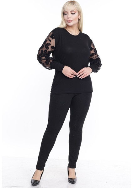 Flok Kol Büyük Beden Siyah Bluz 26A-2257