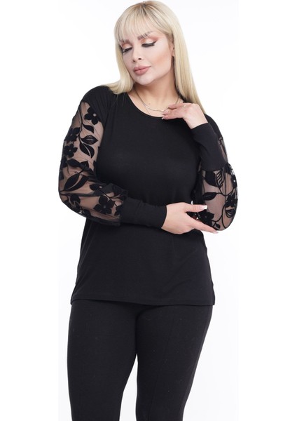 Flok Kol Büyük Beden Siyah Bluz 26A-2257 modelleri