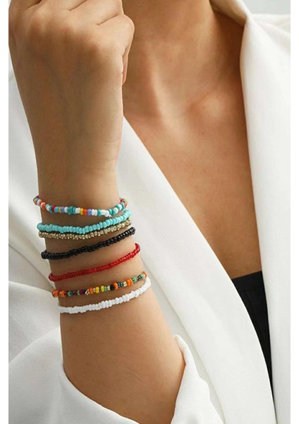 Kadın Boncuk Bileklik Seti Renkli Boho Tarzı 7 Adet %100 Polyester