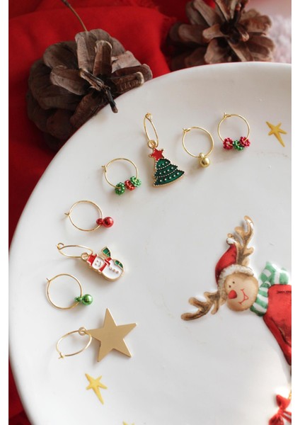 Yılbaşı Figür Uçlu Lisbon Saç Küpesi Seti 8'li Paket indirimleri