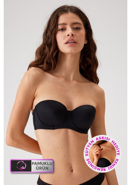 2'li Ekonomik Paket Siyah - Ten 6312 Pisa Push Up Straplez Pamuklu Sütyen Set fiyatları