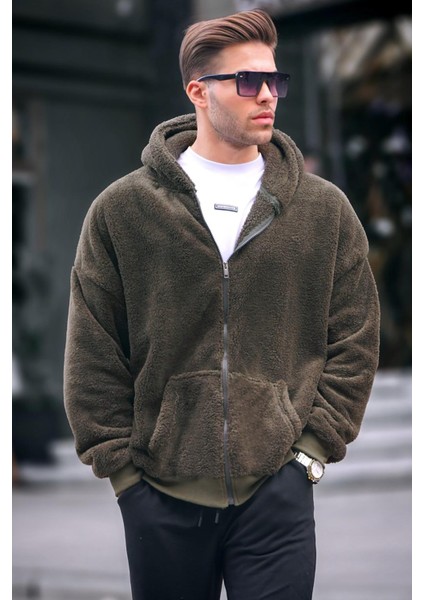 Haki Peluş Over Fit Kapüşonlu Fermuarlı Erkek Sweatshirt 6049