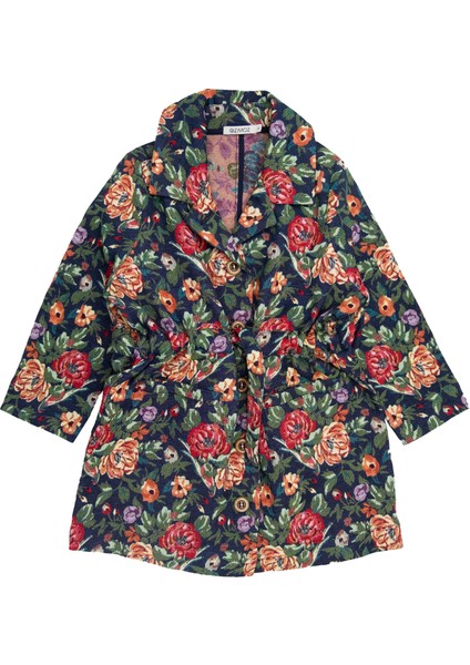 Yılbaşı Özel Jakarlı Çiçek Desenli Kız Çocuk Kaban