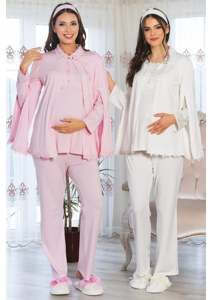 5104 Pelerinli Hamile Lohusa 3 Lü Pijama Sabahlık Takım