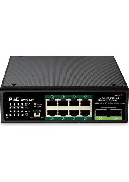 Endüstriyel Gigabit Poe+ Switch (Industrial Gigabit Poe+ Switch) 8 x Port 10/100/1000BASE-TX Ieee 802.3AF/AT Poe+ Port 2 x Sfp Yuva dın Ray -40 °c ~ +75 °c
