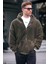 Haki Peluş Over Fit Kapüşonlu Fermuarlı Erkek Sweatshirt 6049 1