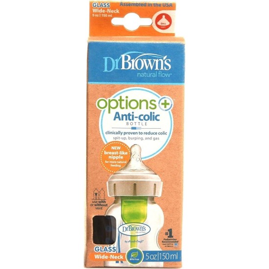 Biberon Dr. Brown's Options+ 150ml - Bocca Larga, Anti-Colica, Trasparente