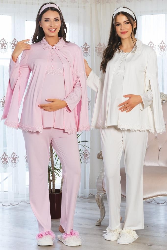 Mecit 5104 Pelerinli Hamile Lohusa 3 Lü Pijama Sabahlık Takım