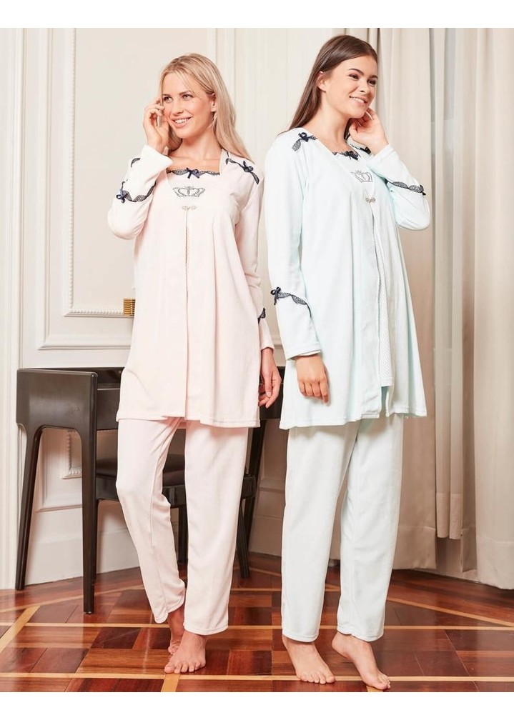 Bone Club 4806 Somon Kadife 3lü Hamile Lohusa Pijama Sabahlık görsel 7