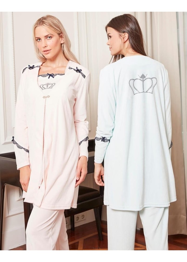 Bone Club 4806 Somon Kadife 3lü Hamile Lohusa Pijama Sabahlık görsel 8
