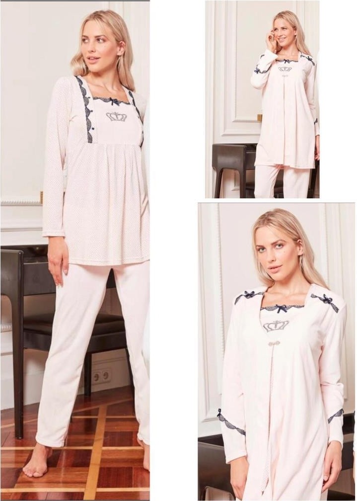 Bone Club 4806 Somon Kadife 3lü Hamile Lohusa Pijama Sabahlık