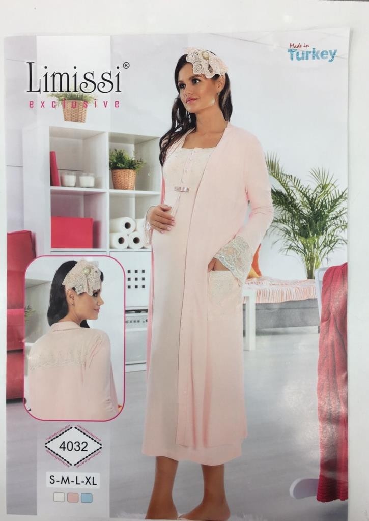 Limissi Mavi 6002 Hamile Lohusa Uzun Kol Inci Dantelli Hamile Gecelik