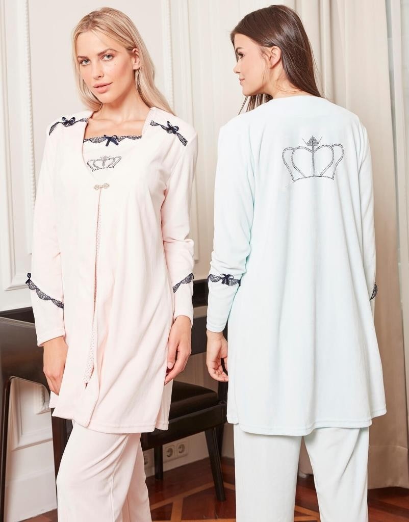 Bone Club 4806 Somon Kadife 3lü Hamile Lohusa Pijama Sabahlık görsel 4