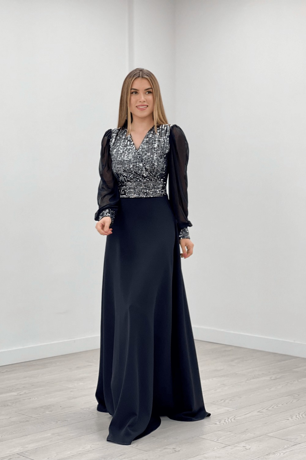 Giyimmasalı Payet Kumaş Kolları Tül Abiye Elbise - Siyah görsel 2