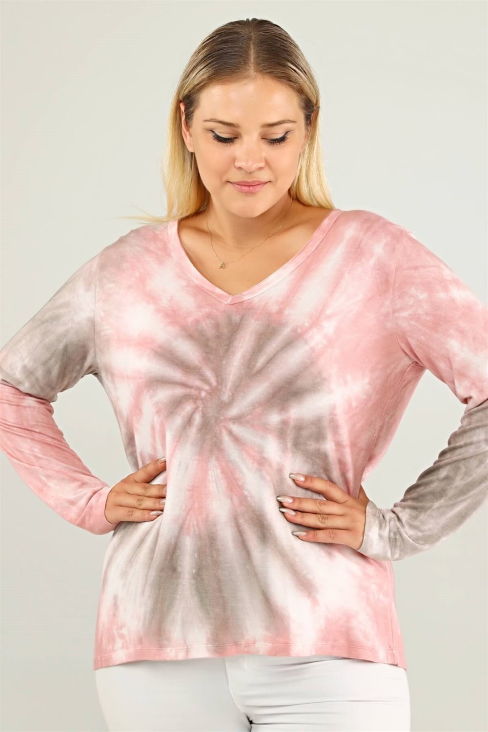 Sea Moda V Yaka Batik Sweat-Pembe