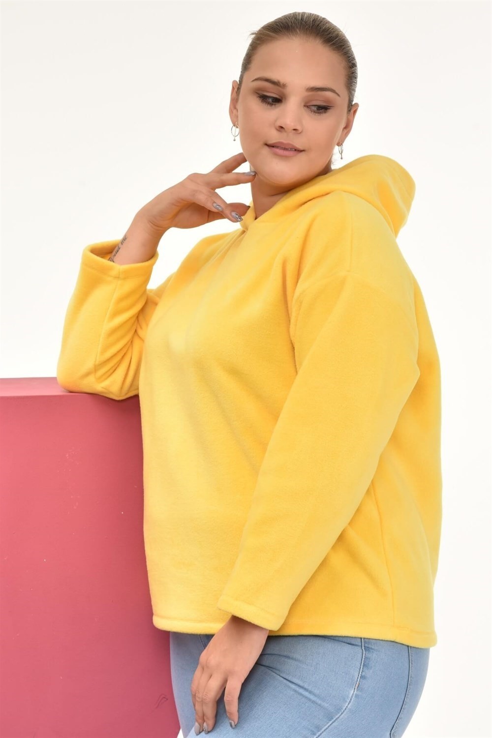 Sea Moda Polar Kumaş Kapüşonlu Sweat-Sarı