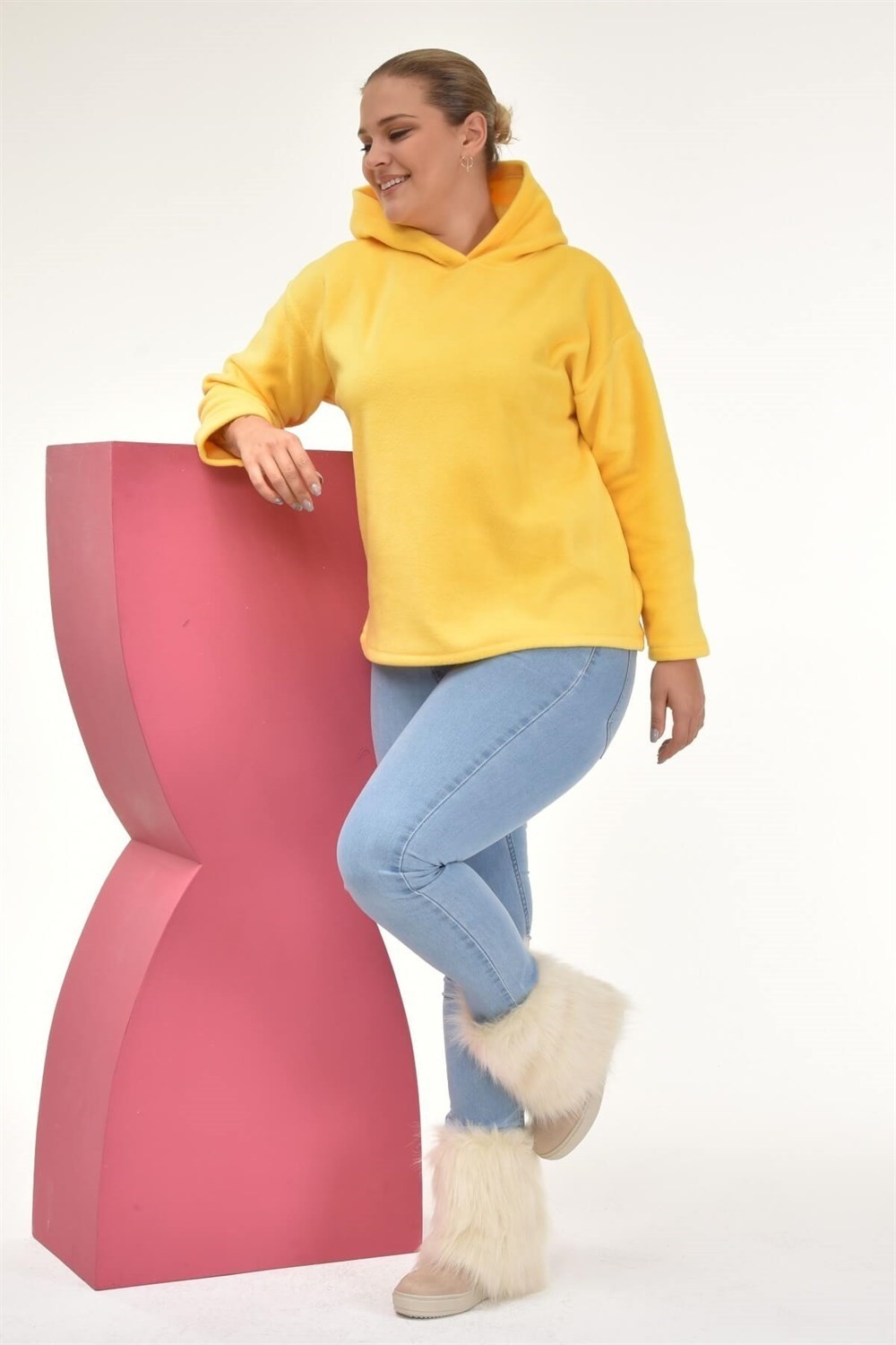 Sea Moda Polar Kumaş Kapüşonlu Sweat-Sarı görsel 4