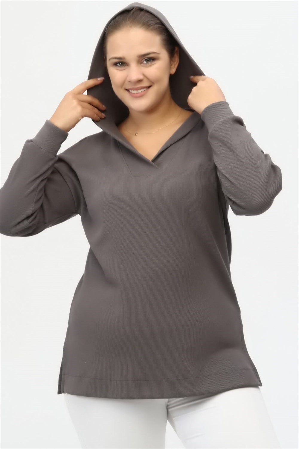 Sea Moda Yakası Patlı ve Yırtmaçlı Kaşkorse Sweat-Gri