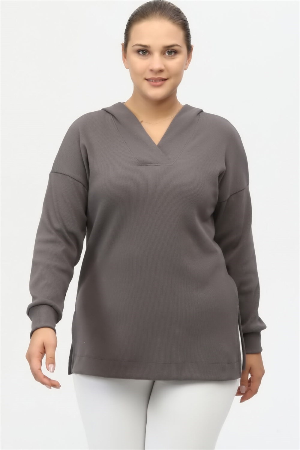 Sea Moda Yakası Patlı ve Yırtmaçlı Kaşkorse Sweat-Gri görsel 2
