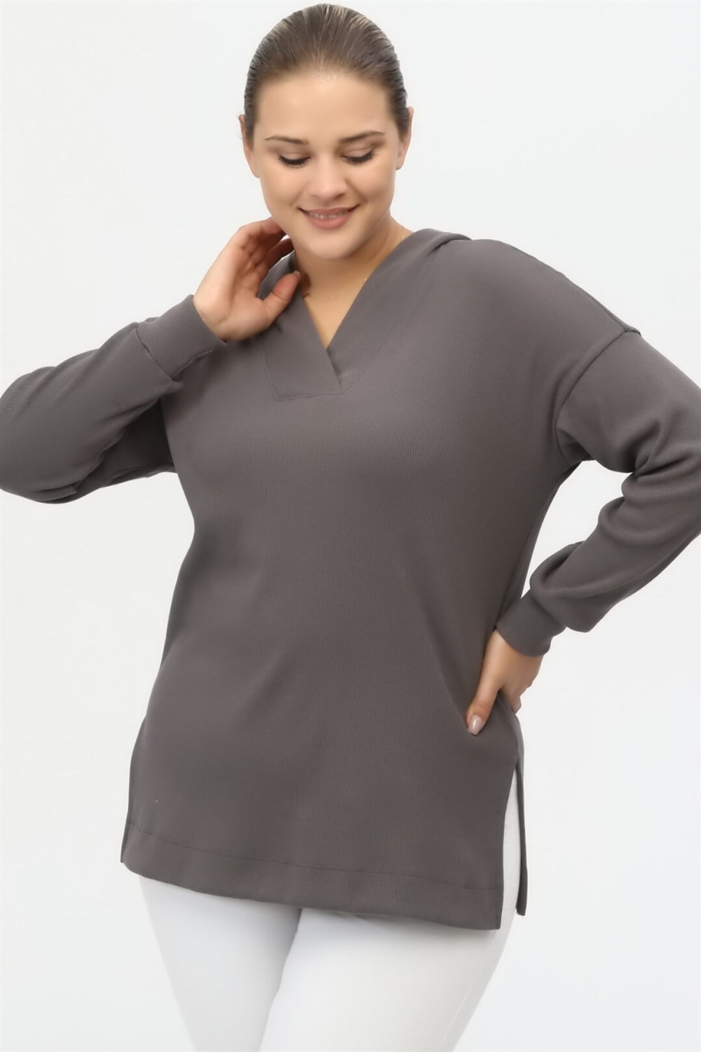 Sea Moda Yakası Patlı ve Yırtmaçlı Kaşkorse Sweat-Gri görsel 4