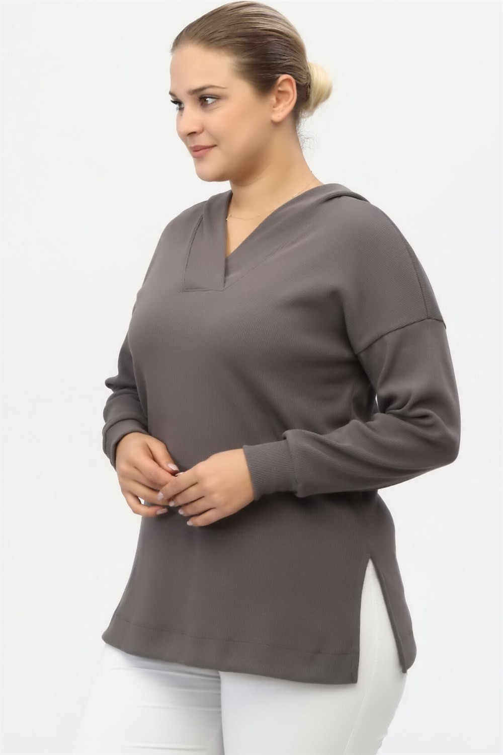 Sea Moda Yakası Patlı ve Yırtmaçlı Kaşkorse Sweat-Gri görsel 5