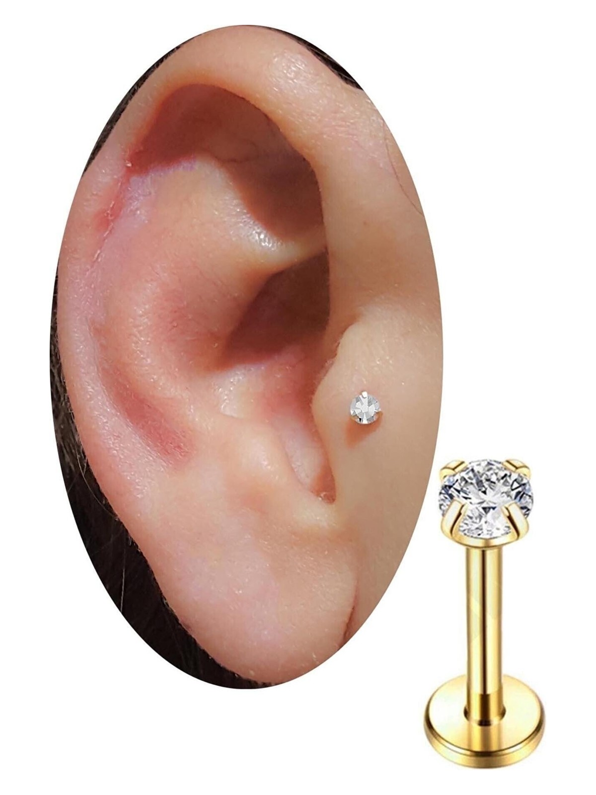 Ares Collection Cerrahi Çelik Tek Taş Tragus Helix Lobe Uyumlu Labret Piercing - Görsel 4