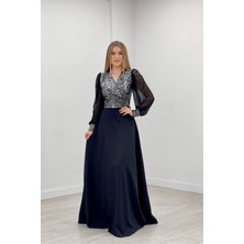 giyimmasalı Payet Kumaş Kolları Tül Abiye Elbise - Gümüş