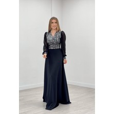 giyimmasalı Payet Kumaş Kolları Tül Abiye Elbise - Gümüş
