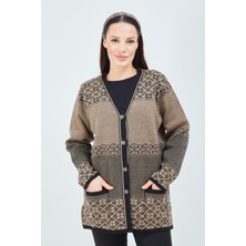 Fresh Moda Kadın Vizon  Desenli Triko Düğmeli Cepli Kışlık Anne Hırkası