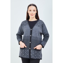 Fresh Moda Kadın Siyah Gri Desenli Triko Düğmeli Cepli Kışlık Anne Hırkası