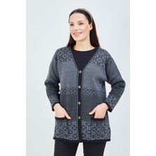 Fresh Moda Kadın Siyah Gri Desenli Triko Düğmeli Cepli Kışlık Anne Hırkası