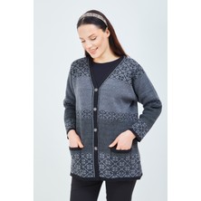 Fresh Moda Kadın Siyah Gri Desenli Triko Düğmeli Cepli Kışlık Anne Hırkası