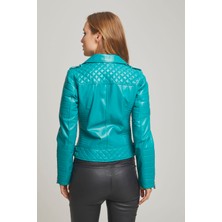Deriderim Laney Turkuaz Laney Biker Motorcu Kadın Fermuarlı Astarlı Dikişli Apoletli Kısa Hakiki Deri Ceket